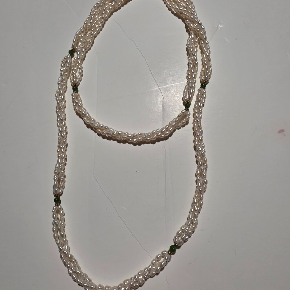 Freshwater 3 Strand Rice Pearls Jade Gold Bead Continuous Necklace 35"